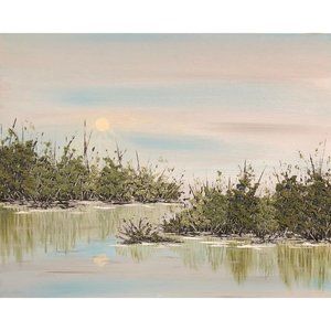 Contentment Original 8 x 10 Acrylic Painting, Landscape, Trees, Lake, Signed Art